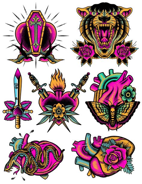 Neon Tattoo Resin Inserts In Color, Tattoo Resin Inserts, Colored Resin Inserts, Resin sheet, Resin Flash Tats, Neon Tattoo, Traditional Tattoo Flash Art, Tattoo Sheet, Art Flash, Tattoo Practice, Tattoo Old School, Traditional Tattoo Sleeve, Arte Alien