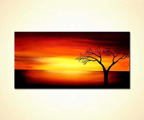 sunrise painting Impressionism Art Easy, Sunset Ideas, Abstract Wall Art Living Room, Watercolor Silhouette, Cow Skulls, Shadow Painting, Easy To Paint, Modern Landscape Painting, Tree Paintings