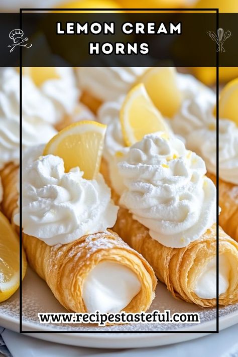 Delightful pastry horns filled with tangy lemon curd and topped with light whipped cream, making for a refreshing and elegant dessert. Lemon Curd Pastries, Lazy Cream Horns Recipe, Cream Horns Recipe, Pastry Horns, Cannoli Cream, Cream Horns, Puff Pastries, Cream Of Tarter, Lemon Curd Filling