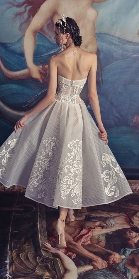 Tea Length Wedding Dresses — Timeless Elegance ★ #bridalgown #weddingdress Tea Length Formal Dresses Evening Gowns, Pinup Wedding Dresses, Weddingdress Tealength, Elegant Tea-length Vintage Dress, Rb Aesthetic, Wedding Tea-length Corset Dress With Fitted Bodice, Chic Tea-length Wedding Dresses, Summer Wedding Vintage Dress, Tea Length, Mid Length Wedding Dress