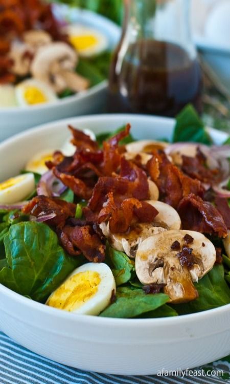 Spinach Salad With Warm Bacon Dressing Spinach Salad Dressing, Warm Bacon Dressing, Hot Bacon Dressing, Bacon Dressing, Honey Mustard Vinaigrette, Spinach Salad Recipes, Family Feast, Candied Nuts, Think Food