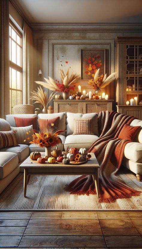 Cozy autumn-themed living room with a large beige sectional sofa and a throw draped over the arm. Coffee table adorned with decor, wooden console table behind the sofa displays more items. Natural light enhances the room's warmth. Fall Living Room Decor Warm Colors, Fall Couch, Cozy Living Room Decor Ideas, Fall Living Room Ideas, Cozy Decor Ideas, Cozy Fall Living Room, Warm Color Palettes, Sectional Sofa Beige, Cozy Living Room Decor