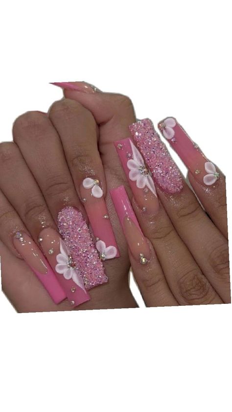 Nails Hot Pink French Nails, Nails Coffin Square, Nails Pink Ombre, French Nails Pink, Nails Hot Pink, Pink French Nails, Nails Bling, Pink Luxury, Long Press On Nails