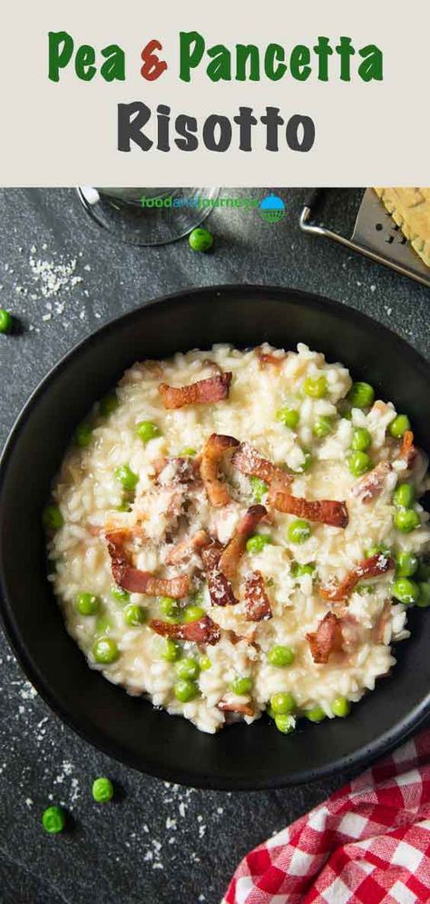 Sweet, salty, and creamy --- that's what you'll get in every bite of this Pea and Pancetta Risotto. And don't forget the crunchy pancetta bits in there! Yum! Pea And Pancetta Risotto, Italian Pancetta Recipes, Recipes With Pancetta, Risotto Pancetta, Pancetta Salad, Pancetta Risotto, Pancetta And Peas, Peas And Pancetta, Sweet Potato Risotto