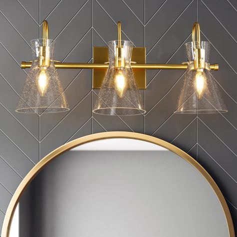 Modern Bathroom Light Fixtures, Brass Vanity Light, Brass Vanity, Modern Vanity Lighting, Gold Ceiling Light, Modern Bathroom Lighting, Bronze Bathroom, Gorgeous Bathroom, Bathroom Vanity Light