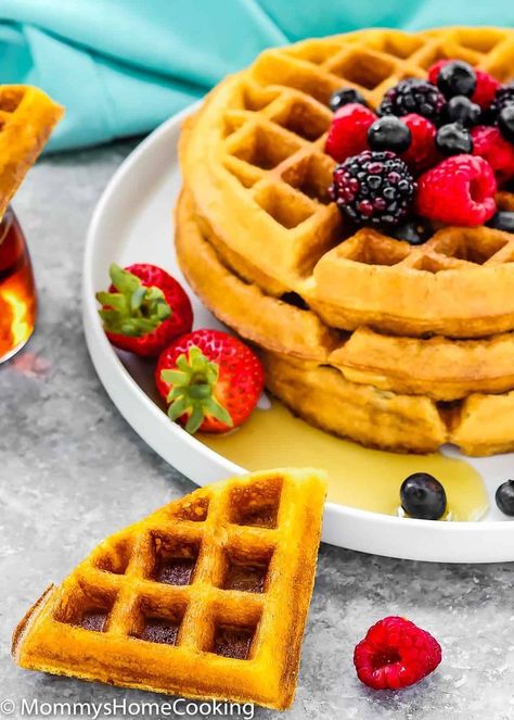 This is my staple recipe for golden and buttery Eggless Waffles! They’re perfectly crispy on the outside and fluffy on the inside. This recipe has no eggs…and you won't even notice a difference! @mommyhomecookin #recipe #eggfree #eggless #egglessbaking #eggallergy #breakfast #waffles #easy No Egg Waffles, Waffle Recipe No Eggs, Egg Free Waffles, Eggless Waffle Recipe, Egg Waffle Recipe, Eggless Breakfast, Cookies Eggless, Belgian Waffles Recipe, Eggless Cookies