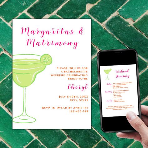 Margaritas And Matrimony Bachelorette Weekend Invitation Margaritas And Matrimony, Bachelorette Party Theme, Bachelorette Weekend Itinerary, Bachelorette Weekend Invitations, Margarita Glasses, Weekend Itinerary, Bachelorette Party Themes, Bachelorette Party Invitations, Pack Your Bags