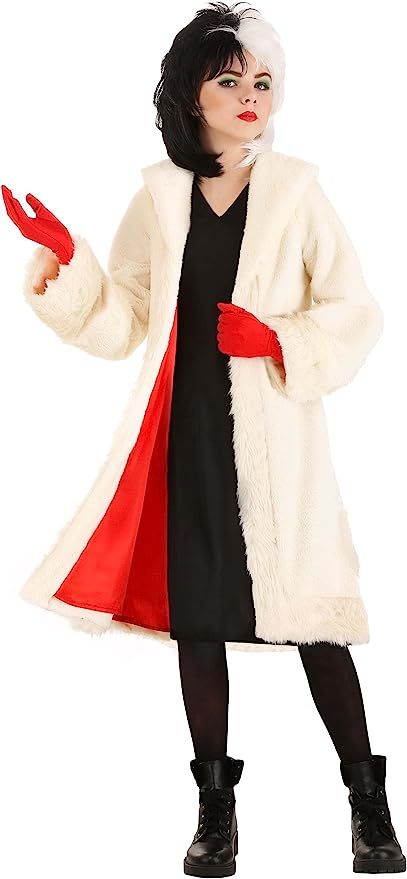 Tween Disney Cruella De Vil Costume Cruella Deville Costume, 101 Dalmatians Cruella, Disney Cruella, Cruella Costume, White Faux Fur Coat, Chic Black Dress, Faux Coat, Costume For Girls, Cruella Deville