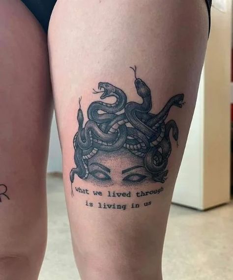 Medusa Tattoo Meaning With 55+ Images That'll Inspire You To Be Strong Medusa Protector Of Women, Medusa Theme Tattoo, Medusa Tattoo Above Knee, Medusa Tattoo On Shoulder, Maleficent Silhouette Tattoo, Medusa Related Tattoos, Medusa Tattoo Inspiration, Medusa Hip Tattoo Small, Medusa Calf Tattoos For Women