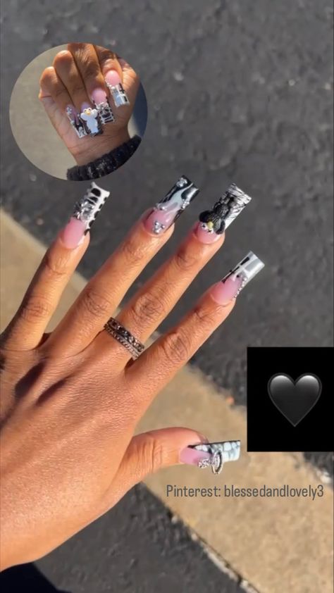 Black White Chrome Nails, Black White And Silver Acrylic Nails, Black And White Kaws Nails, Silver Chrome And Black Nails, Black And Silver Chrome Nails Designs, Grey Kaws Nails, White Kaws Nails, Black And White Chrome Nails, Bear Charm Nails