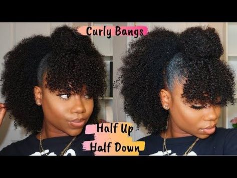 Pin on All Natural Half Up Half Down With Clip Curly Hair, Short Natural Hairstyles With Bangs, Half Up Natural Hairstyles, Half Braided Crochet Hairstyles, Natural Hairstyles For Black Women With Bangs, Crochet Braid Styles With Bangs, Faux Bangs Natural Hair, Curly Half Up Half Down With Bangs, Half Up Natural Hair