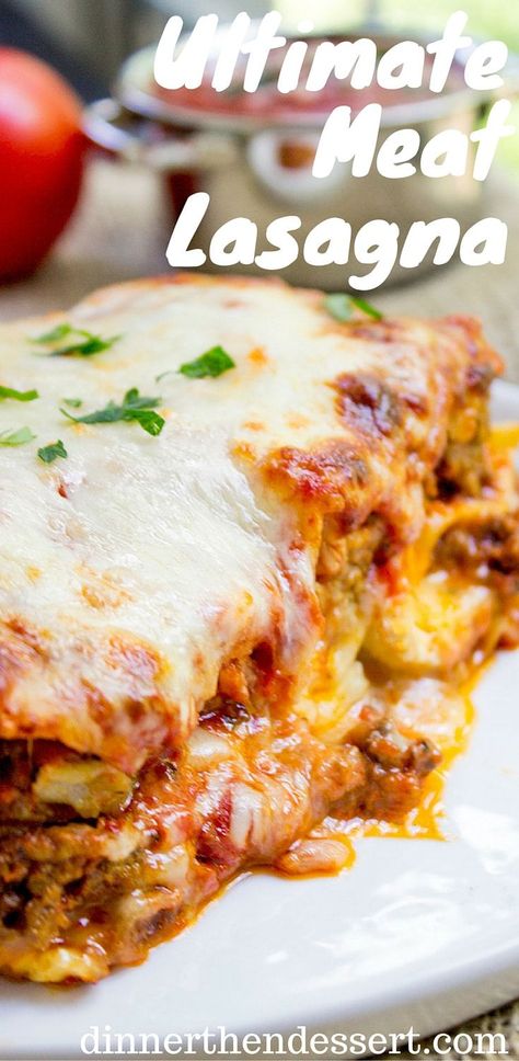 Ultimate Meat Lasagna with four cheeses, a homemade marinara sauce and a few quick chef tricks will make you feel like you've ordered lasagna at your favorite Italian Restaurant. Meaty Lasagna, Dessert Lasagna, Lasagna Recipe With Ricotta, Vegetarian Lasagna Recipe, Dude Food, Homemade Marinara Sauce, Dinner Then Dessert, Meat Lasagna, Easy Lasagna Recipe