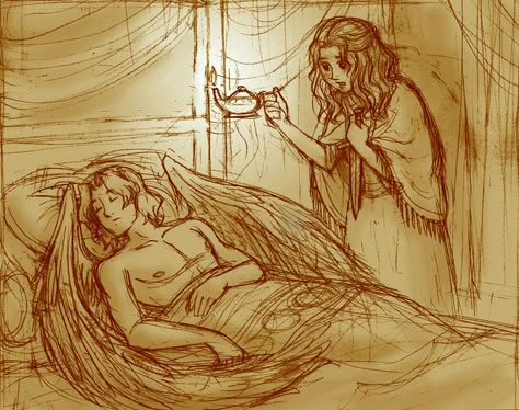 Psyche's Discovery by queenbean3 Eros Greek God Fanart, Eros God Art, Cupid And Psyche Drawing, Eros And Psyche Art, Eros X Psyche, Psyche Goddess, Eros Psyche, Eros And Psyche, East Of The Sun