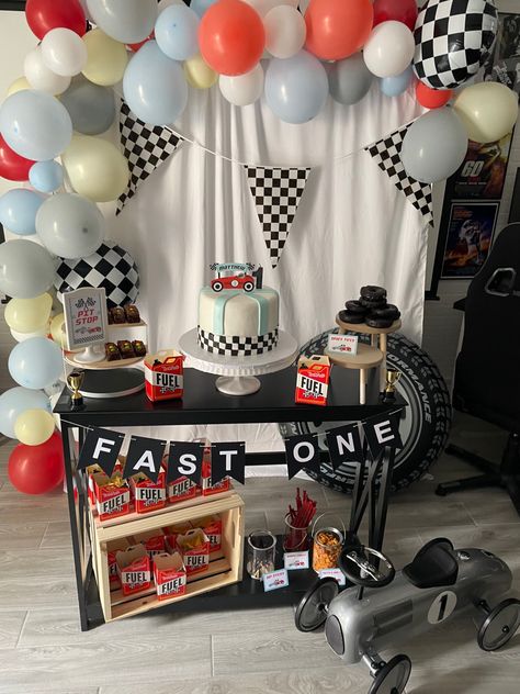 Car Themed Birthday Party For One Year Old, 1st Race Car Birthday Parties, One Year Old Car Theme Party, Fast One 1st Birthday Party Theme, Vintage Two Fast Birthday, One Year Old Car Birthday Party, Fast One Birthday Party Theme Cake, First Birthday Cars Theme, Race Car Themed First Birthday Party