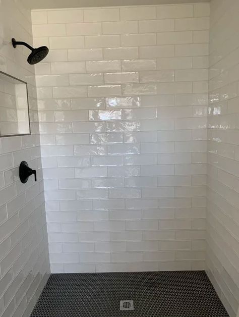 Shop this Pinterest from @TileBar 4x16 Subway Tile Bathroom, Subway Tile Bathroom, White Subway Tile Shower, White Subway Tile Bathroom, Subway Tile Showers, Black Grout, Subway Tiles Bathroom, Bathroom Shower Walls, White Bathroom Tiles