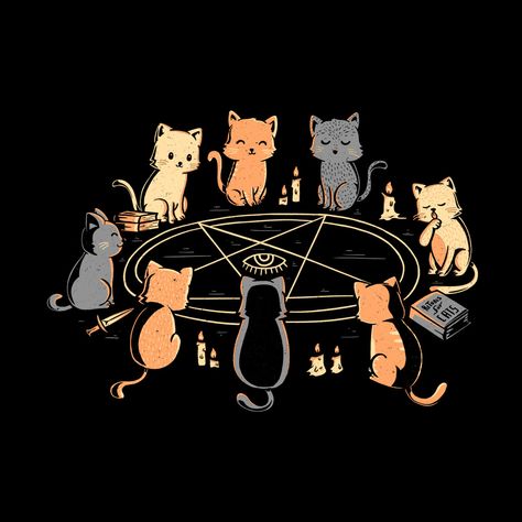 Cat Ritual from TeeTee | Day of the Shirt Black Kawaii Wallpaper, Cat Ritual, Day Of The Shirt, Funny Tee Shirts, Cute Cartoon Drawings, Funny Tees, Original Artists, Cat Lady, Cat Art