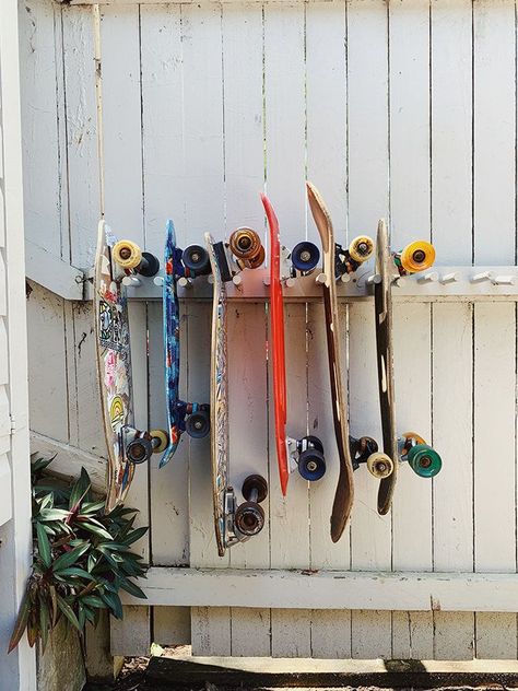 Skateboard Racks Diy, Hannah House, Skateboard Storage, Improve Creativity, Organizers Diy, Ikea Kallax Shelving, Surfboard Storage, Skateboard Rack, Courtney Adamo