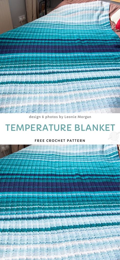 Stunning Crochet Temperature Blankets. This stunning temperature blanket looks like Antarctica or stunning sea waves. You can also easily achieve the look of a sunset, if you replace blue yarn with orange and red one.  #freecrochetpattern #blanket #temperature Crochet Blanket Waves, Sunset Crochet Blanket, Granny Square Temperature Blanket, Tempature Blanket Crochet Pattern, Temperature Afghan, Temperature Blanket, Blanket Craft, Crochet Geek, Easy Crochet Blanket