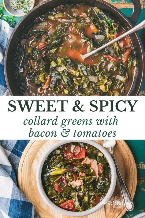 Southern collard greens with bacon and tomatoes are sweet, spicy, tender, and flavorful! Pair them with cornbread and Hoppin' John, or offer them alongside roast chicken, buttermilk fried chicken, pot roast, or pulled pork for your next Sunday supper! Spicy Collard Greens, Chicken Pot Roast, How To Cook Collards, Greens With Bacon, Chicken Buttermilk, Collard Greens With Bacon, Southern Sides, Southern Collard Greens, Collard Greens Recipe