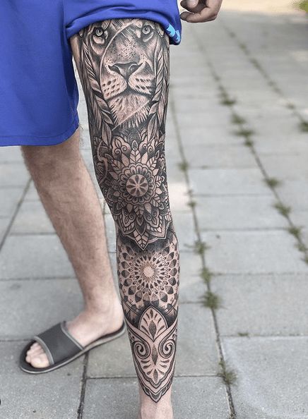 Mens Mandala Leg Sleeve, Lion Mandala Tattoo Men, Lion Leg Sleeve Tattoo Men, Mens Tattoo Leg Sleeve, Men’s Leg Sleeve Tattoo Ideas, Lion Leg Sleeve Tattoo, Male Leg Sleeve Tattoo, Full Leg Tattoos Men's, Lion Leg Tattoo Men