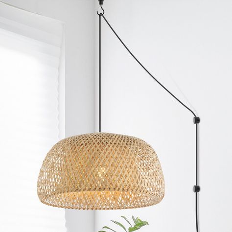 This midcentury-inspired rattan pendant light is perfect for modern or resort homes. The 18" wide woven rattan shade is has a retro diamond weave. The natural rattan helps diffuse a single bright LED light bulb; plug in or hardwire for instant chic in the kitchen, dining room, bedroom, or office. Hanging Lanterns Bedroom, Plug In Pendant Light Bedroom, Hanging Bedroom Lights, Hanging Lamps Bedroom, Hanging Lamps Living Room, Swag Pendant Light, Pendant Lamp Living Room, Farmhouse Coastal, Plug In Pendant Light