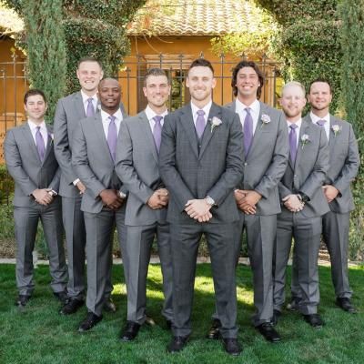 Groom and groomsmen in grey tuxedos and light purple ties | Leslie Ann Photography | villasiena.cc Purple Grey Wedding, Grey Wedding Suits, Purple Groomsmen, Light Purple Wedding, Suits And Ties, Gray Groomsmen Suits, Groomsmen Wedding Photos, Lavender Wedding Theme, Gray Wedding Colors