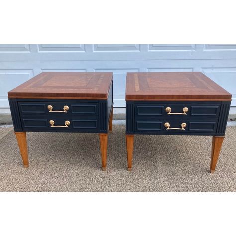 Gorgeous Walnut Burlwood Inlay on the tops of this set of Classic side tables.  Newly refinished walnut tops and legs.  Body of tables newly painted in Benjamin Moore Black Satin. Gold accented hardware original in keeping with its Mid Century style. Dovetail joint Drawers slide smoothly.  Solid quality set. Sold as a set.  Shipping additional End Table Renovation, Refurbished Vintage End Tables, End Table Flip Ideas, Mcm End Table Makeover, Benjamin Moore Black Satin, Benjamin Moore Black, Refinished End Tables, Hand Painted Side Table, Classic Side Table