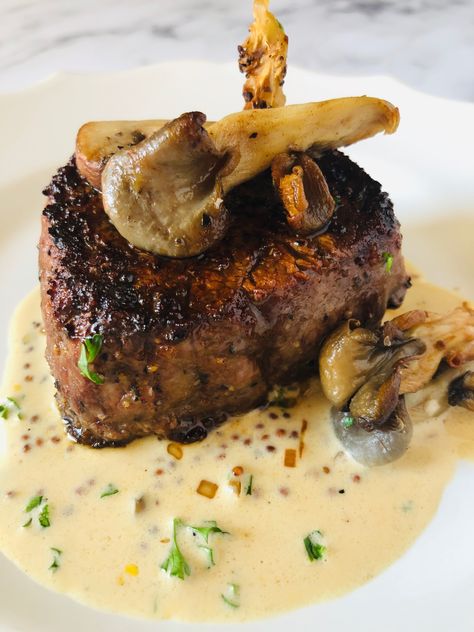 Filet Mignon with Wild Mushroom Cream Sauce - There's Always Pizza White Mushroom Sauce, Mushroom Cream Sauce, Filet Mignon Recipes, Mushroom Cream Sauces, Wild Mushroom, Steak Dinner, Beef Dinner, Beef Steak