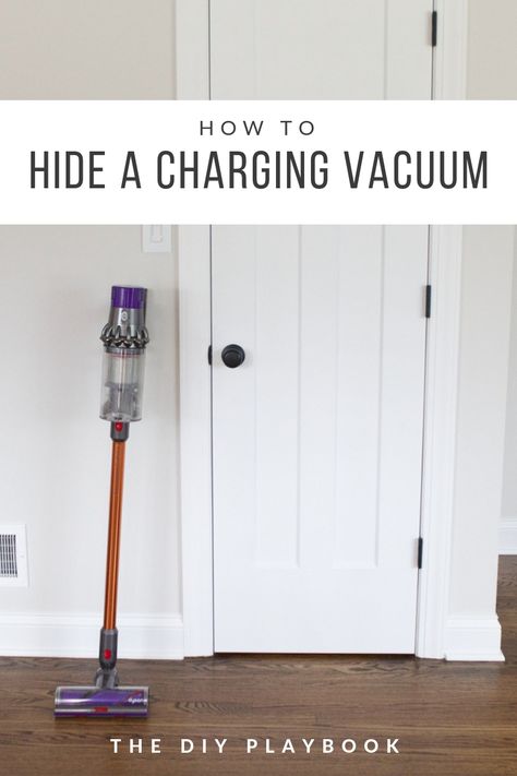 how to hide a vacuum in a closet. dyson vacuum hidden in a closet. Here's how to hide your charging vacuum in your closet so it's out of sight! #dyson #vacuum #cleaning Hide Cordless Vacuum, Vacuum Charging Station Ideas, Storing Dyson Vacuum, Vacuum Cleaner Closet Storage, Storage Ideas For Vacuum Cleaners, Where To Put Vacuum Cleaner, Mop And Vacuum Storage, Laundry Room Vacuum Closet, Dyson Charging Station Ideas