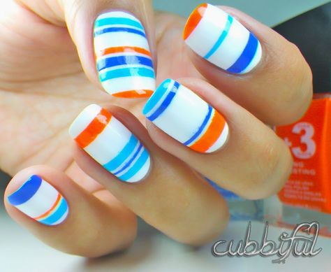 cubbiful: Nail Art Week: Sailor Stripes Nail Art with Leticia Well Striped Nail Art, Inspiring Nails, Artsy Nails, Nautical Nails, Wide Nails, Nail Art Stripes, Funky Nail Art, Geometric Nail Art, Sailor Stripes