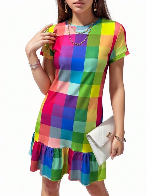 SHEIN LUNE Summer Fashion Plaid & Printed Ruffle Hem Short Sleeve Dress With Color Block DesignI discovered amazing products on SHEIN.com, come check them out! Color Block Design, Block Design, Short Sleeve Dress, Plaid Dress, Ruffle Hem, Women Clothing, Sleeve Dress, Smocking, Color Block