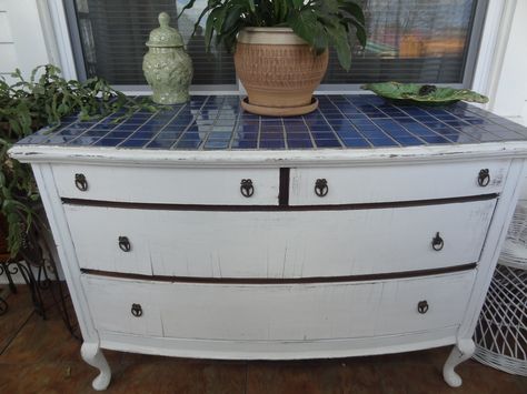 Distressed dresser with ceramic tiles. Tile Top Dresser, Tiled Dresser Top, Tile Dresser, Distressed Dresser, Dresser Top, White Dresser, Diy Tile, Diy Dresser, Painted Dresser