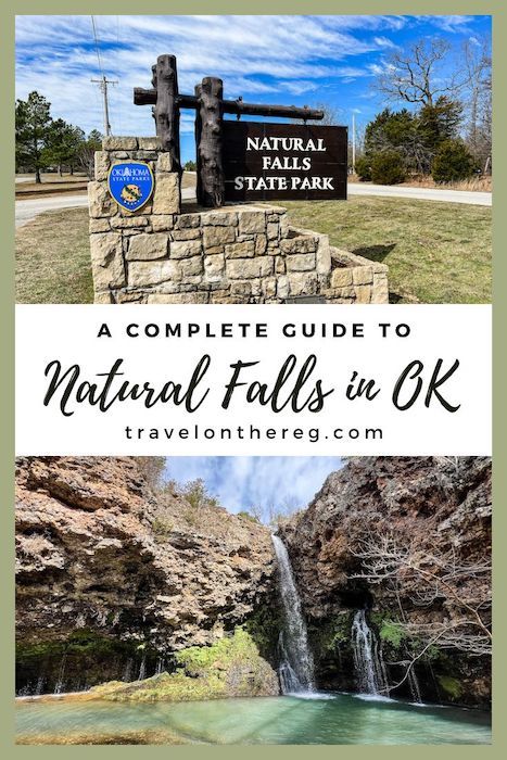 An image of a waterfall and signage for a state park with text: A Complete Guide to Natural Falls in OK Osage Hills State Park Oklahoma, Natural Falls State Park Oklahoma, Oklahoma Travel, Dripping Springs, Vacation Usa, Autumn Nature, Spring Nature, Nature Trail, Road Trip Usa