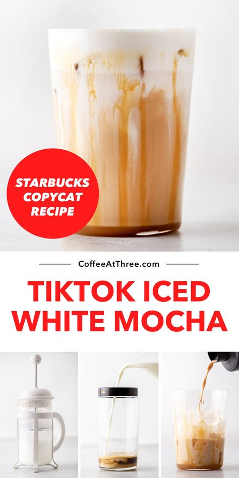 TikTok Iced White Mocha Copycat Recipe Iced Coffee With Sweet Cream Foam, Keto White Mocha Starbucks, Salted Caramel White Mocha Starbucks Recipe, Diy Starbucks Coffee At Home, Iced White Mocha With Caramel Drizzle, White Mocha Creamer Recipe, White Chocolate Caramel Coffee, Starbucks Recipes White Mocha, Starbucks Ice White Mocha