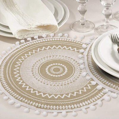 The round shape adds dimension to your decor, while the pom pom edges play with texture. The set is very easy to pair with both prints and patterns. | fedigorlocn Mandala Print Round Placemat - Farmhouse Jute Table Mats w/ Pompom Tassel 15 Inch Place Mat For Dining Room Kitchen Table Decor 15.0 in | FDIH5389_60482897 | Wayfair Canada Jute Table Mats, Dining Place Mats, Round Placemat, Kitchen Table Decor, Mandala Print, Dining Room Kitchen, Kitchen Room, Table Mats, Room Kitchen