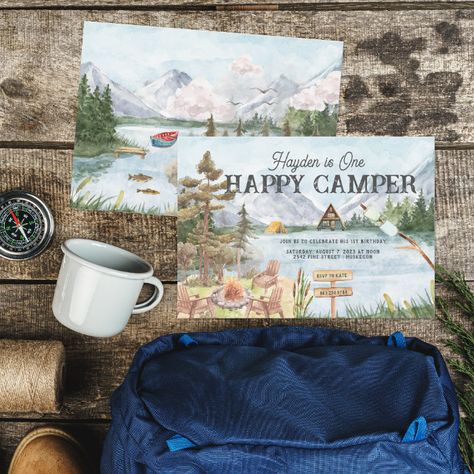 One Happy Camper 1st Birthday Camping Invitation - Birthday Invitation Happy Camper 1st Birthday, Camping First Birthday, Gender Neutral Party Themes, Happy Camper Birthday Party, Camping Birthday Invitations, Camping Invitations, Lakeside Camping, Campfire Smores, Birthday Camping