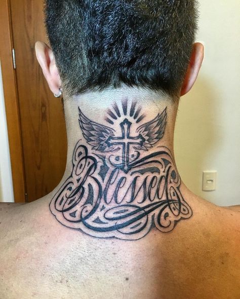 Buddah Neck Tattoo Men, Thug Tattoos For Women Neck, Blessed Neck Tattoo, Crown Neck Tattoo, Mens Stomach Tattoo, Back Of Neck Tattoo Men, Cross Tattoo Neck, Hood Neck Tattoo For Guys, Front Neck Tattoo