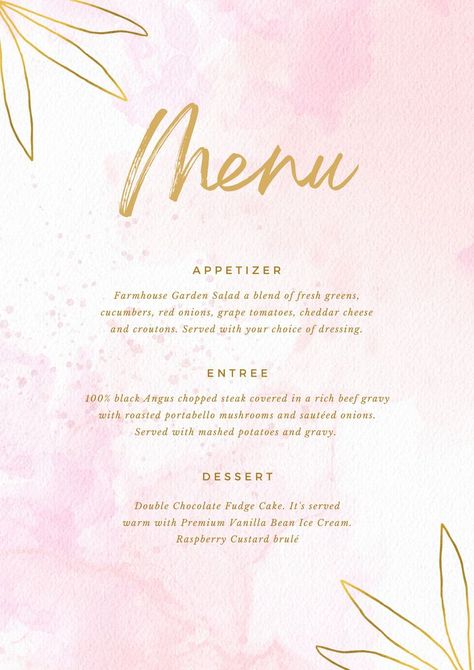 Pink Wedding Menu, Wedding Food Menu, Flourish Calligraphy, Chopped Steak, Pink Glamour, Menu Card Design, Baby Shower Menu, Food Menu Template, White Baby Showers