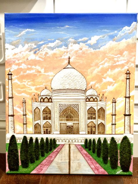 Acrylic and coffee painting Monuments Watercolor Painting, Taj Mahal Watercolor Painting, Taj Mahal Drawing Watercolor, Indian Monuments Drawings, India Painting Ideas, Watercolor Paintings Scenery, Monuments Painting, Taj Mahal Painting, Taj Mahal Drawing