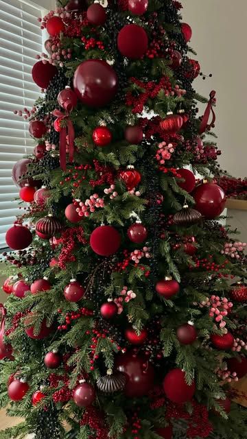 Sheri Wilson on Instagram: "Burgundy Berry Christmas Tree 🍇🍷Comment SHOP to receive a DM with the link to shop this post!  I’m so excited to put up our first Christmas tree of the year! This might just be my favorite one yet, the berry inspired colors have me swooning 🥰   inspired by @livinwithmb   #christmas #christmasmood #cozyhome #christmascountdown #christmastree #christmasdecor #christmasdecorations #burgundy https://liketk.it/4WTns" Bows And Berries Christmas Tree, Christmas Tree Red Berries, Christmas Tree Cranberries, Christmas Tree Red Green And Gold, Christmas Tree Ideas Red And Green, Burgundy And Green Christmas Tree, Red And Green Christmas Tree Ideas, Red Berry Christmas Tree, Plum Christmas Tree