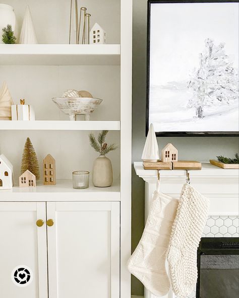 Builtins Decor, Christmas Village White, Decor On Shelves, Wood Stocking Holder, Christmas Shelves, Tv Cabinet Decor, Wood Stocking, Fireplace Electric, White Built Ins