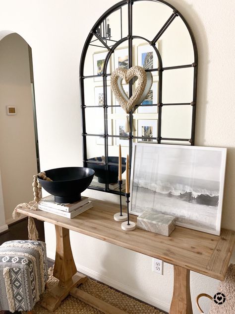 Console Table With Rectangular Mirror, Rectangular Mirror Above Console Table, Console Table With Arch Mirror, Arched Mirror Over Console Table, Arch Mirror Entryway, Side Board Decor Ideas, Entrance Console Table Decor, Side Board Decor, Manchester Flat