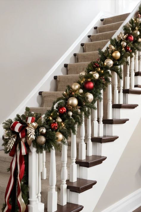 Transform your staircase into a festive showcase with these elegant garland ideas. Learn techniques for draping, accessorizing, and lighting for a grand holiday statement. Garland Christmas Staircase, Christmas Ideas For Stairs, Garland On Banister Christmas, Christmas Decoration For Stairs, Simple Banister Christmas Decor, Christmas Garland On Staircase, Christmas Stair Railing Decor, Stair Railing Ideas Christmas Decor, Stairwell Christmas Decor