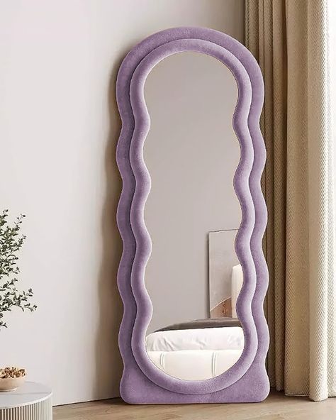 PRICES MAY VARY. √【DESIGN】The Full Length Mirror is made of soft flannel and wood, the wood frame cushion wrapped a high-quality sponge to provide you with a soft and comfortable feeling. The wavy design add an artsy flair to any room. √【MULTIFUNCTIONAL】: 63" x 24" perfect full length mirror to show your whole body and expand the visual space of the room. The mirror can hang or lean against the wall for cloakroom, bedroom, living room, corridor, clothing shop, etc √【INSTALLATION】The product itse Pink And Purple Bedroom Decor, Bedroom Decor Lavender, Colorful Furniture Bedroom, Violet Room Aesthetic, Pastel Purple Aesthetic Room Ideas, Purple And White Room Ideas, Girls Room Mirror, Room Decor Ideas Purple, Bedroom Design Purple