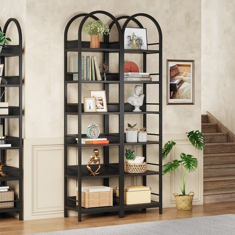 6-Tier Open Bookshelf, 78.7" Tall Arched Display Shelf Rack, Brown - On Sale - Bed Bath & Beyond - 38283645 Arched Bookcase, Tall Narrow Bookcase, Narrow Bookshelf, Open Bookshelf, Corner Storage Shelves, Corner Bookshelf, Gold Shelves, Room Bookshelf, Tall Bookshelves