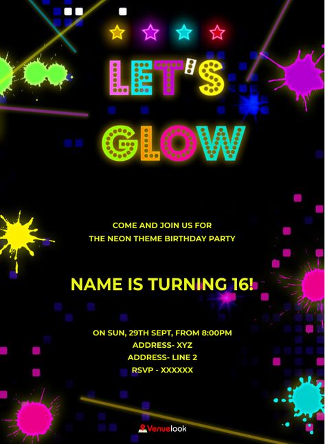 Free Online Invitations, Premium, Digital Cards and Whatsapp E-Invites Online - VenueLook Glow Party Invitations Free Printable, Neon Party Invitations Template, Margarita Quotes, Neon Party Themes, Neon Party Invitations, Birthday Party Invitations Free, Neon Birthday Party, Neon Birthday, E Invite