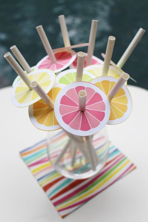 Fruit Slices Straw Toppers Free Printables | CatchMyParty.com Lemon Ideas Decor, Fruit Printables, Citrus Sangria, Fresh Mint Tea, Fruit Birthday Party, Watermelon And Lemon, Fruit Birthday, Fruit Slices, Straw Toppers