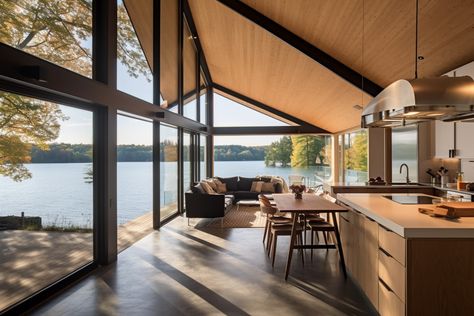 Scandinavian Lake House, Modern Lake House Interior, Modern Lakehouse, Lake House Design, Scandinavian Modern House, Modern Log Home, Contemporary Lake House, Lake Front House Plans, Norwegian Home