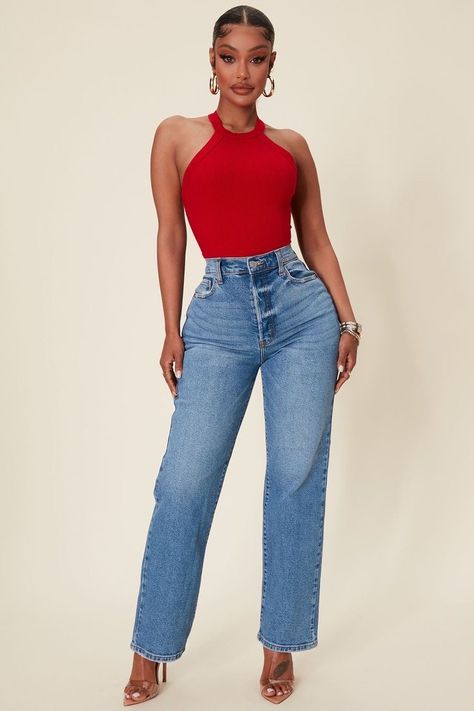 Red Bodysuit Outfit Jeans, Red Bodysuit Outfit, Amrezy Outfits, Snatched Bodysuit, Fall Modest Outfits, Chic Feminine Style, Yodit Yemane, Neck Snap, Best Casual Outfits