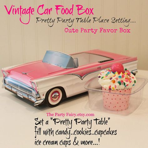 Food Trays, Car Food Trays, Pink Car Food Box, Cute Kids Car Food Tray Boxes, Pink Retro Vintage Cars Party Food Boxes. Your party guest will love Party Food Boxes, Pink Party Foods, Vintage Car Party, Cars Party Favors, Car Food, Food Boxes, Cars Birthday Party Disney, Car Themed Parties, Car Party